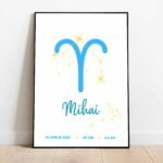 Tablou un semnul zodiacal Berbec și numele Mihai, ramă neagră.