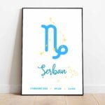 Tablou un semnul zodiacal Capricorn și numele Șerban, ramă neagră.
