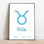 Tablou un semnul zodiacal Taur și numele Victor, ramă neagră.
