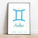 Tablou un semnul zodiacal Gemeni și numele Andrei, ramă neagră.
