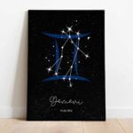 Tablou cu semnul zodiacal Gemeni pe un fundal cu stele, ramă neagră.