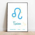 Tablou un semnul zodiacal Leu și numele Traian, ramă neagră.