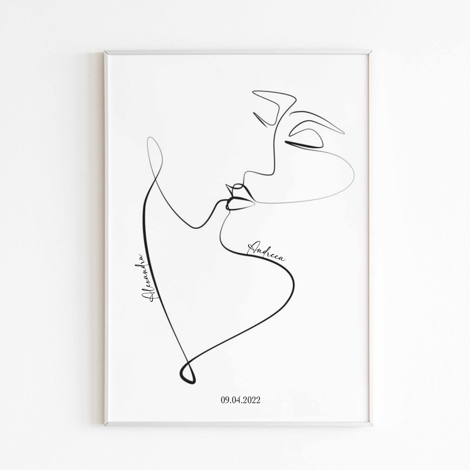 Tablou cu o singură linie cu un cuplu sărutându-se, ramă albă.